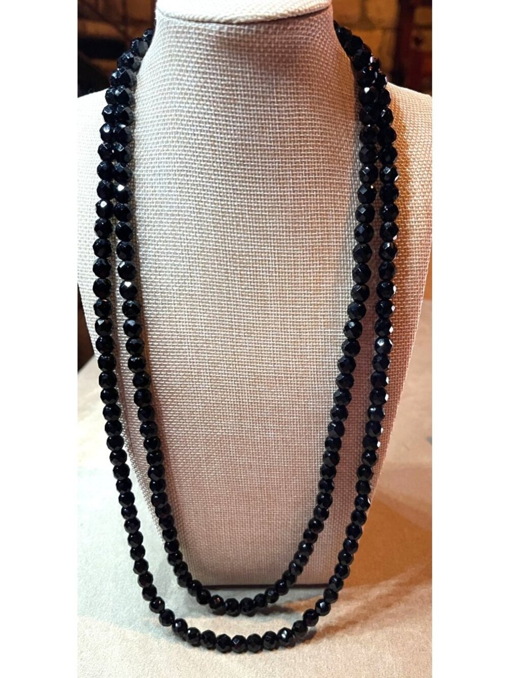 Vintage 50s French Jet Faceted Black Glass Bead Double Strand Art Deco Necklace